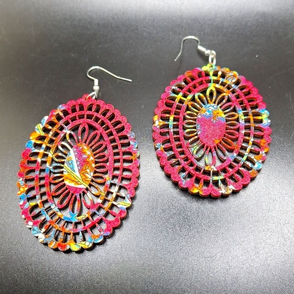 Pink mandala wood hollowed oval earrings